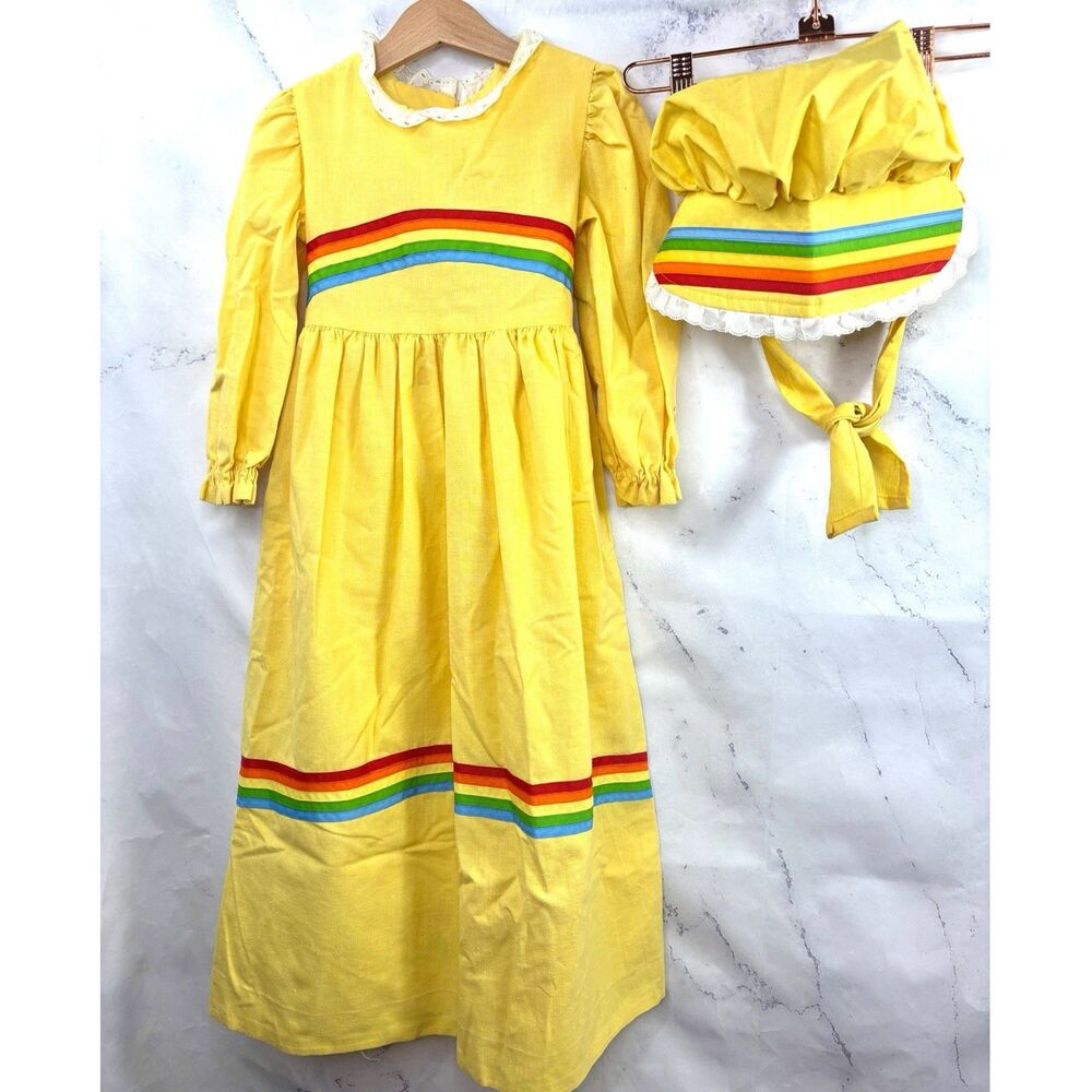 Vtg 70s 60s Prairie Dress girls sz 10 Youth Cottagecore Bonnet 2 Pc Set Yellow